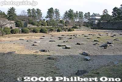 Palace foundation stones. The palace, destroyed during WWII, served only as luxury lodging for the shogun passing through. 
The architecture was similar to the palace at Nijo Castle.
Keywords: aichi prefecture nagoya castle