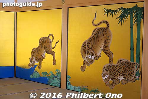 Paintings of mythical tigers and leopards. They are reproducing the artwork as faithfully as possible. An absolutely magnificent job. 
Really painstaking though, as they trace over original paintings. This palace is slated to be completed in 2018, after 9 years of work. The original palace took only 3 years to complete.
Keywords: aichi nagoya castle