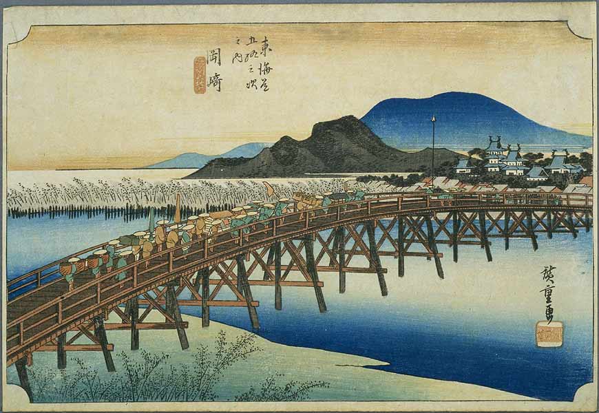 Hiroshige's woodblock print of Okazaki (39th post town on the Tokaido) from his "Fifty-Three Stations of the Tokaido Road" series. Crossing the Yahagi River with Okazaki Castle in the distance.
Keywords: aichi okazaki hiroshige