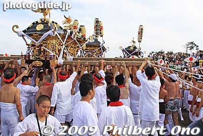 They prop up the mikoshi before carrying it toward the ceremony place.
Keywords: chiba ichinomiya tamasaki jinja shrine kazusa junisha matsuri festival hadaka 