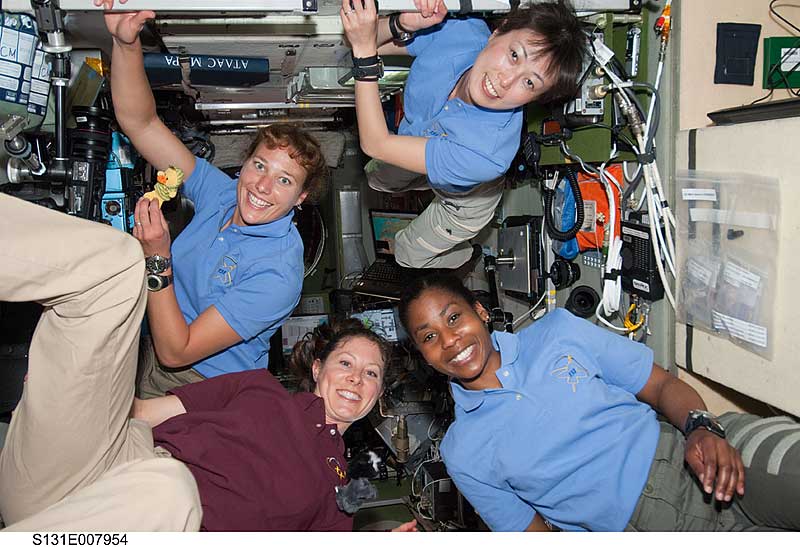 The four women currently on the International Space Station pose for a photo in the Zvezda Service Module while space shuttle Discovery remains docked with the station.
7 April 2010 --- The four women currently on the International Space Station pose for a photo in the Zvezda Service Module while space shuttle Discovery remains docked with the station. Pictured clockwise from the lower left are NASA astronauts Tracy Caldwell Dyson, Expedition 23 flight engineer; NASA astronaut Dorothy Metcalf-Lindenburger, Japan Aerospace Exploration Agency (JAXA) astronaut Naoko Yamazaki and NASA astronaut Stephanie Wilson, all STS-131 mission specialists.
