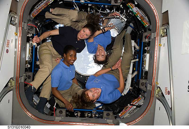 14 April 2010 --- The four women currently on the International Space Station pose for a photo in the Cupola while space shuttle Discovery remains docked with the station...
14 April 2010 --- The four women currently on the International Space Station pose for a photo in the Cupola while space shuttle Discovery remains docked with the station. Pictured clockwise (from the lower right) are NASA astronauts Dorothy Metcalf-Lindenburger, Stephanie Wilson, both STS-131 mission specialists; and Tracy Caldwell Dyson, Expedition 23 flight engineer; along with Japan Aerospace Exploration Agency (JAXA) astronaut Naoko Yamazaki, STS-131 mission specialist.

