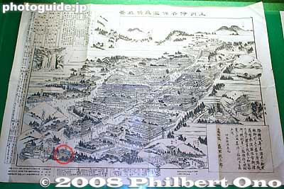 Old 1902 map of Ikaho with Irwin's summer home marked by the red circle. It was in front of the bottom of the Stone Steps which cuts through the center of the town.
Keywords: gunma gumma shibukawa ikaho onsen spa hot spring robert irwin hawaiian minister summer house