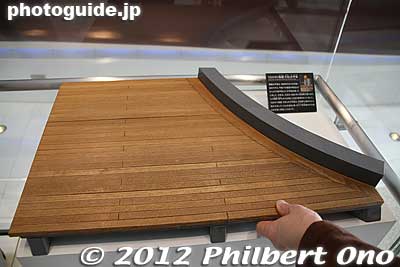 Sample wood paneling used for the model deck.
Keywords: hiroshima kure battleship yamato museum maritime boat
