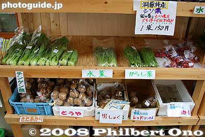Inside Toya Mizunoeki, fresh vegetables for sale.
