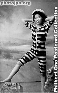 Swimsuit pin-up. Another picture that makes you laugh. Apparently she felt sexy in that suit and knew how to pose like a pin-up swimsuit model.
Keywords: japanese vintage postcards nihon bijin women beauty kimono swimsuit