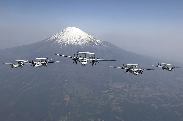 MOUNT FUJI, Japan (May 9, 2007) - E-2C Hawkeyes assigned to the "Liberty Bells," of Carrier Airborne Early Warning Squadron (VAW) 115 perform a formation flight in front of Mount Fuji.
MOUNT FUJI, Japan (May 9, 2007) - E-2C Hawkeyes assigned to the "Liberty Bells," of Carrier Airborne Early Warning Squadron (VAW) 115 perform a formation flight in front of Mount Fuji. VAW-115 is one of the nine squadrons assigned Carrier Air Wing (CVW) Five, which is assigned to USS Kitty Hawk (CV 63). Kitty Hawk operates out of Fleet Activities Yokosuka, Japan. U.S. Navy photo by Mass Communication Specialist 3rd Class Jarod Hodge (RELEASED)
