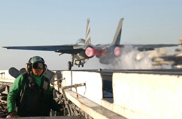 Arabian Gulf (Feb. 28, 2003) -- An F-14A “Tomcat” launches from one of four stream powered catapults aboard the aircraft carrier USS Kitty Hawk (CV 63).
Arabian Gulf (Feb. 28, 2003) -- An F-14A “Tomcat” launches from one of four stream powered catapults aboard the aircraft carrier USS Kitty Hawk (CV 63). Kitty Hawk and Carrier Air Wing Five (CVW-5) are operating with coalition forces in support of Operation Southern Watch and Enduring Freedom, and is the world’s only permanently forward-deployed aircraft carrier operating out of Yokosuka, Japan. U.S. Navy photo by Photographer’s Mate 3rd Class Todd Frantom. (RELEASED)
