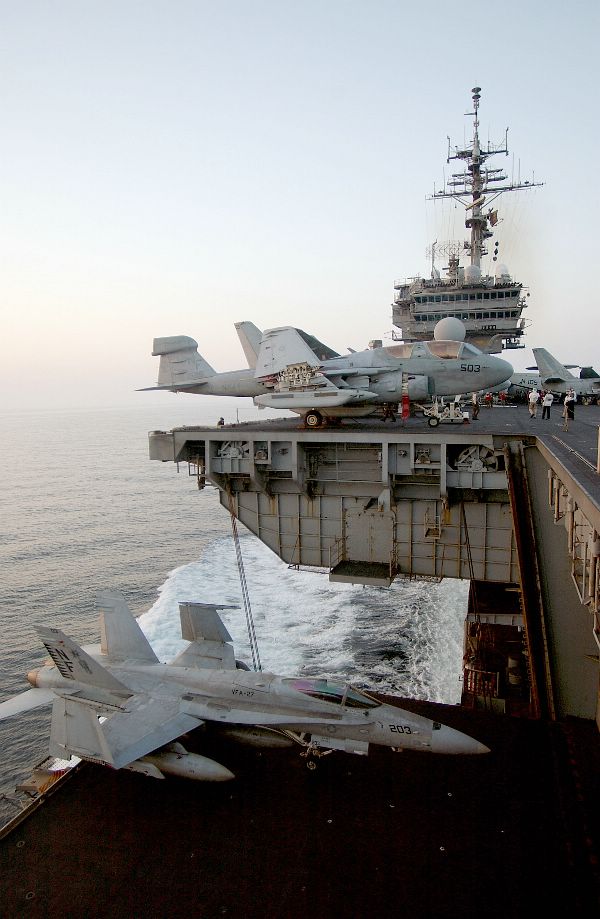 Arabian Gulf (Mar. 17, 2003) -- An F/A-18C Hornet assigned to the “Royal Maces” of Strike Fighter Squadron Two Seven (VFA-27) is moved to the flight deck on the starboard-forward aircraft elevator.
Arabian Gulf (Mar. 17, 2003) -- An F/A-18C Hornet assigned to the “Royal Maces” of Strike Fighter Squadron Two Seven (VFA-27) is moved to the flight deck on the starboard-forward aircraft elevator, one of four aboard USS Kitty Hawk (CV 63). Kitty Hawk and her embarked Carrier Air Wing Five (CVW-5) are conducting combat missions in support of Operations Southern Watch and Enduring Freedom. Kitty Hawk is the Navy’s only permanently forward-deployed aircraft carrier and operates out of Yokosuka, Japan. U.S. Navy photo by Photographer's Mate 3rd Class Todd Frantom. (RELEASED)
