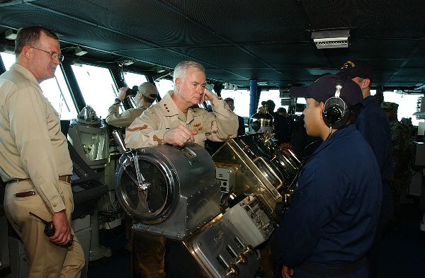 Arabian Gulf (Mar. 1, 2003) -- Vice Adm. Timothy Keating, Commander, U.S. Naval Force Central Command, tours the bridge of the aircraft carrier USS Kitty Hawk (CV 63) while meeting with Sailors aboard ship.
Arabian Gulf (Mar. 1, 2003) -- Vice Adm. Timothy Keating, Commander, U.S. Naval Force Central Command, tours the bridge of the aircraft carrier USS Kitty Hawk (CV 63) while meeting with Sailors aboard ship. Kitty Hawk and her embarked Carrier Air Wing Five (CVW-5) are conducting missions in support Operation Southern Watch and Enduring Freedom. Kitty Hawk and its embarked Carrier Air Wing Five (CVW-5) is the world’s only permanently forward-deployed aircraft carrier and operates out of Yokosuka, Japan. U.S. Navy photo by Photographer’s Mate 3rd Class William H. Ramsey. (RELEASED)
