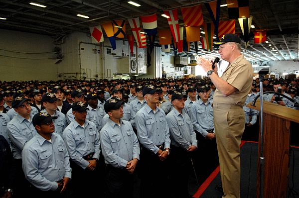 SAN DIEGO (Aug. 19, 2008) Chief of Naval Operations (CNO) Adm. Gary Roughead speaks to Sailors and Marines during an all-hands call aboard the Nimitz-class aircraft carrier USS George Washington (CVN 73) in San Diego.
SAN DIEGO (Aug. 19, 2008) Chief of Naval Operations (CNO) Adm. Gary Roughead speaks to Sailors and Marines during an all-hands call aboard the Nimitz-class aircraft carrier USS George Washington (CVN 73) in San Diego. CNO spoke about the importance of the upcoming forward deployment of George Washington to the western Pacific and the role of Sailors as ambassadors for the Navy and the nation. (U.S. Navy photo by Mass Communication Specialist 1st Class Tiffini M. Jones/Released)
