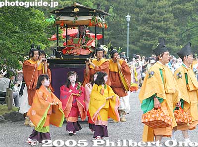 The Saio-dai Princess in 2005 was Saito Ayako, a 21-year-old Kyoto native and student at Doshisha Univ. Her 12-layer juni-hitoe kimono weighs 30 kg. 斎王代、齋藤彩子さん(21)
The Saio-dai Princess is selected every year in April and a press conference is held to announce who was chosen. She is always a native of Kyoto, single, and in her early 20s. The Saio-dai was first incorporated in the festival in 1956. In 2005, she is the 50th Saio-dai.

[url=http://www.kyoto-np.co.jp/kp/topics/eng/2005apr/04-11b.html]Read more about here.[/url]
Keywords: kyoto aoi matsuri hollyhock festival heian japanchild matsuri5