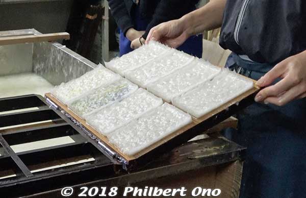 The postcards looked quite thick out of the mold, but they would get much thinner when dried.
Keywords: kyoto ayabe Kurotani washi paper making