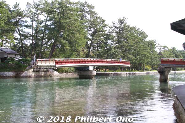 On the southern end, this bridge to Amanohashidate rotates quite often to allow boats to pass. 
Keywords: kyoto miyazu Amanohashidate