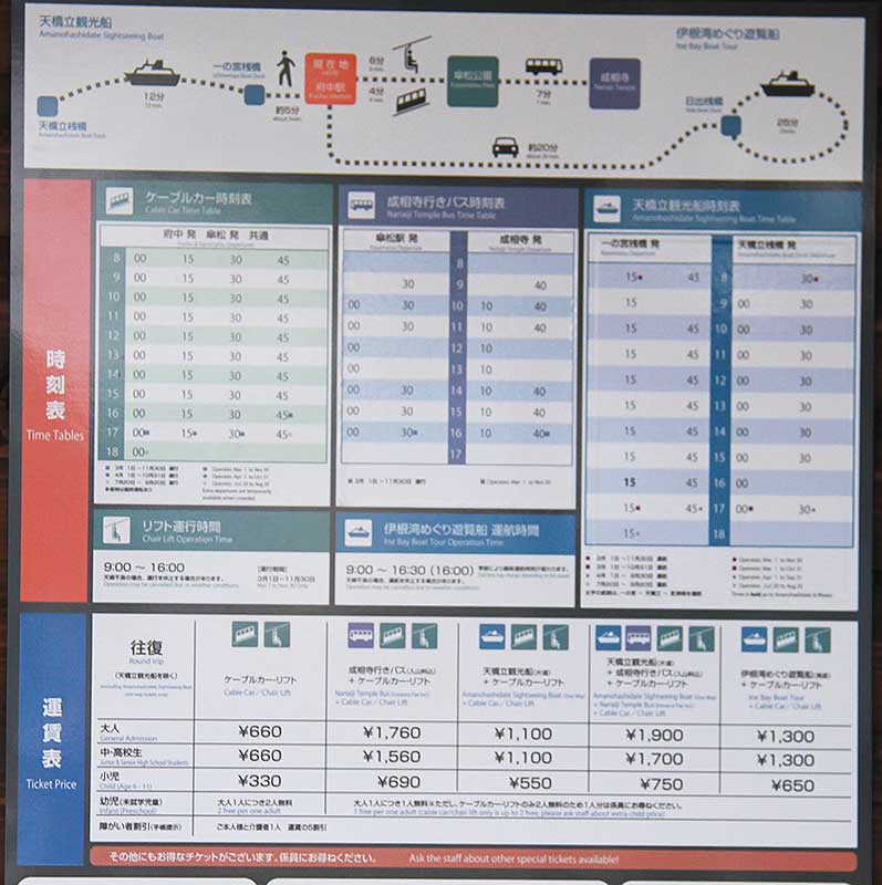 Time schedule and fares for Cable Car and Chair Lift. The chair lift runs non-stop so it's faster than waiting for the next cable car. 
Keywords: kyoto miyazu Amanohashidate kasamatsu park