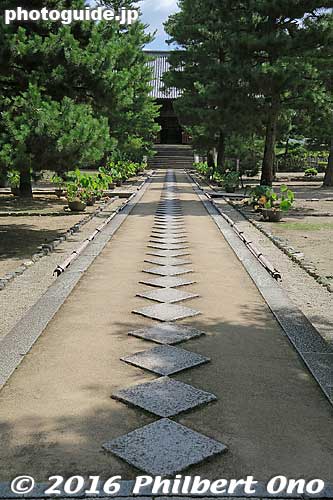 From Sanmon Gate, path to Tennoden Hall. The path is modeled after dragon scales.
Keywords: kyoto uji manpukuji mampukuji zen chinese buddhist temple