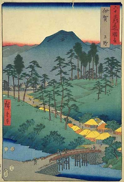 Hiroshige's woodblock print of Iga-Ueno from his "Famous Views of the 60 Provinces" series. The castle can be seen in the distance.
Keywords: mie iga-ueno hiroshige