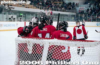 Japan team mates try to comfort the goal keeper right after the US scores.
Keywords: nagano prefecture 1998 winter olympics