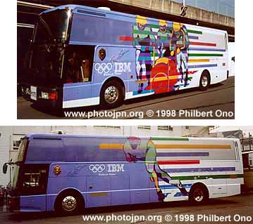 IBM billboard buses
The decals covering the window portion of the decals have little holes in them and from the inside of the bus, the decals are transparent. IBM's Olympic pins and jacket were also based on these bus decal designs.
Keywords: nagano prefecture 1998 winter olympics