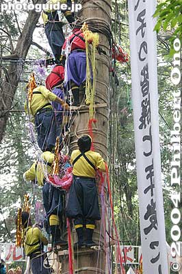 The banner reads, "Thank you everyone for your cooperation."
Keywords: nagano shimosuwa-machi onbashira-sai matsuri festival satobiki