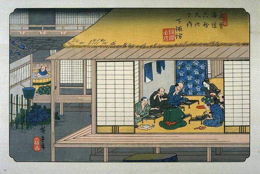 Hiroshige's woodblock print of Takasaki (30th post town on the Nakasendo) from his Kisokaido series. 
Keywords: gunma takasaki hiroshige 