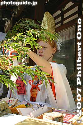 Even gaijin shrine maidens decorate bamboo branches or rakes. Toka Ebisu, Imamiya Ebisu Shrine, Osaka
Keywords: osaka naniwa-ku imamiya ebisu shrine festival matsuri01