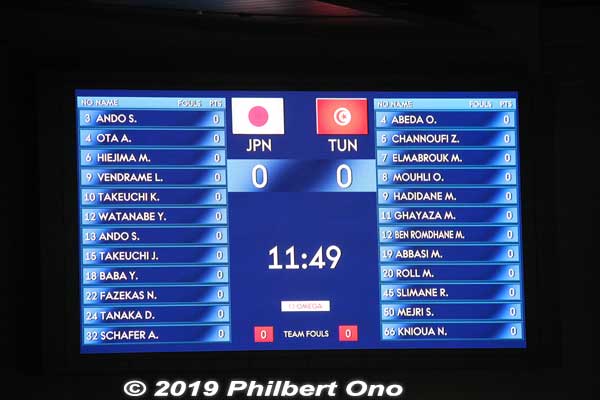 Roster for Japan and Tunisia. Rui Hachimura didn't play this day and was on the courtside. Too bad! 
He had played the day before against Germany and the crowd went wild whenever he scored. The crowd was still very excited on this day too.
Keywords: saitama super arena