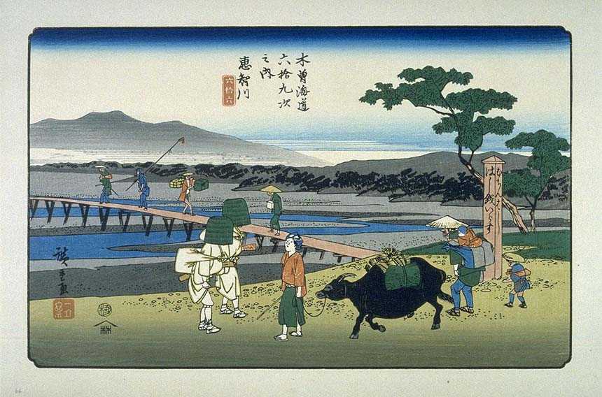 Hiroshige's woodblock print of Echigawa-juku (66th post town on the Nakasendo) from his Kisokaido series. On the left across the river is Mt. Kannonji (Kinugake).
Keywords: shiga aisho echigawa-juku hiroshige