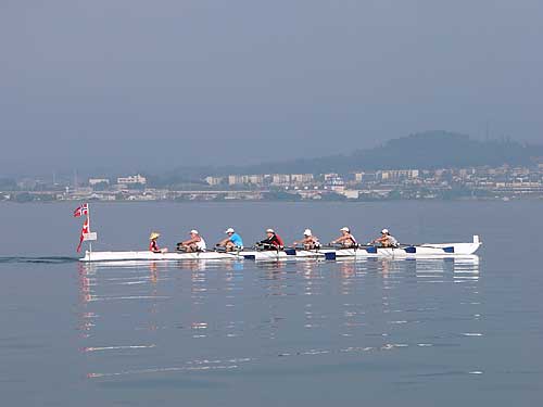 Rowing along western Lake Biwa.
