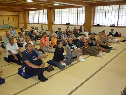 Zazen meditation lesson at Enryakuji temple. Mt. Hie is the birthplace of Japanese Buddhism as many founders of Japanese Buddhist sects once trained on Mt. Hiei. 
