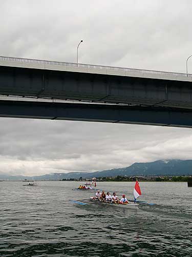 Rowing under Biwako Ohashi Bridge.
