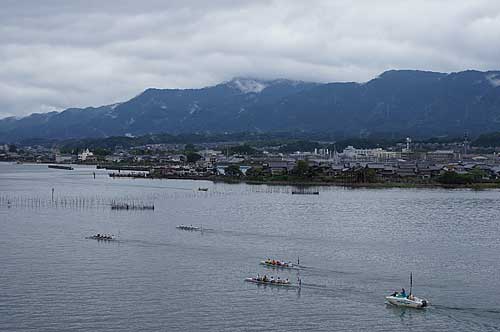 View from Biwako Ohashi Bridge as the boats row south to Otsu.
