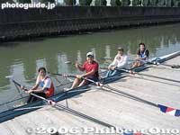Ready to row on a "quad" sculling race boat. Each person rows with two oars.
Sorry for the small image.
Keywords: shiga otsu lake biwa biwako seta river rowing club boat