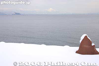 Chikubushima island and snowly Mt. Ibuki in the background.
Keywords: shiga lake biwa rowing song biwako shuko no uta boating monument