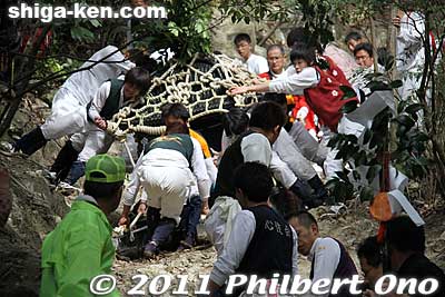 The Sannomiya mikoshi passes in front of us as they dragged it down the rocky slope. People do get hurt. I saw one guy who had hurt his foot, but was able to walk back down the mountain while accompanied by a fireman.
Keywords: shiga higashiomi ibanosakakudashi matsuri festival mikoshi portable shrine 