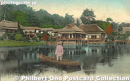 Vintage postcard of Genkyuen Garden. Little has changed except that boats no longer ply on the pond.
Keywords: shiga hikone castle genkyuen japanese garden tea house vintage postcard