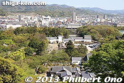 View from castle tower, looking toward central Hikone with the castle museum in the foreground.
Keywords: shiga hikone castle tower national treasure