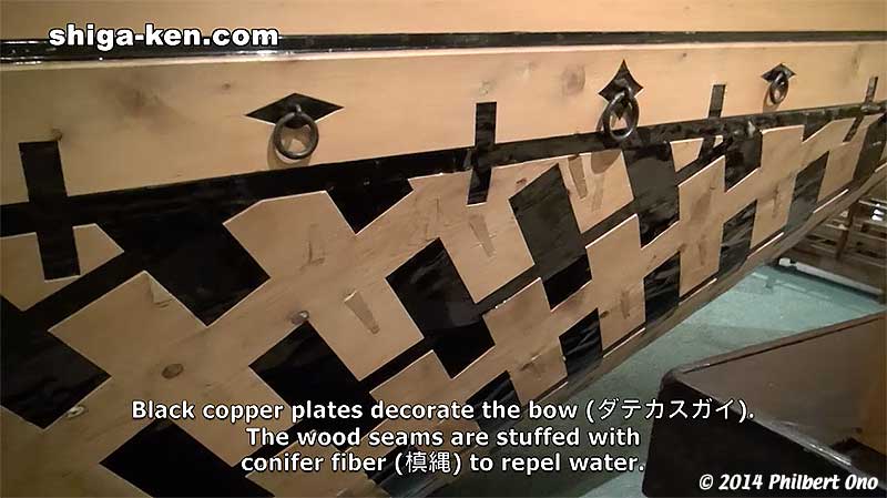 Black copper plates decorate the bow (ダテカスガイ). The wood seams are stuffed with conifer fiber (槙縄) to repel water.
Keywords: shiga kusatsu karasuma peninsula lake biwa museum aquarium fish