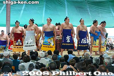 Makunouchi dohyo-iri ring-entering ceremony.
Keywords: shiga maibara sumo exhibition tournament wrestlers rikishi ozumo 