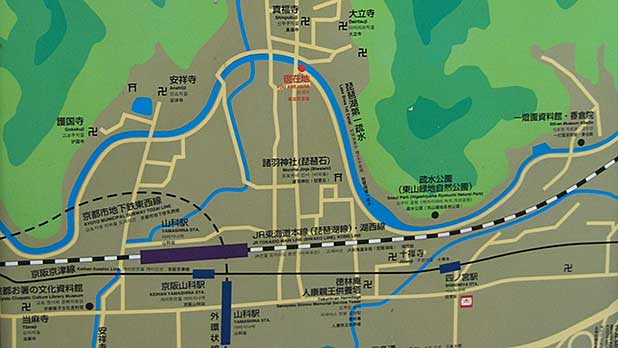 Yamashina map showing the exposed portion of the Lake Biwa Canal near JR Yamashina Station in Kyoto.
Keywords: shiga prefecture otsu biwako sosui canal lake biwa