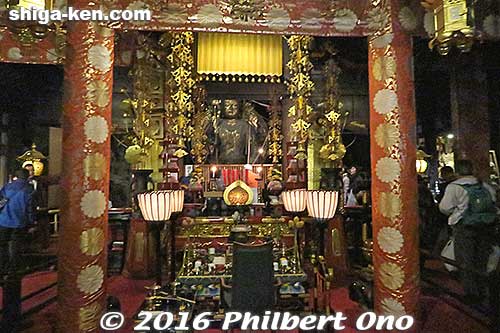 Ishiyama-dera's hidden, giant Buddha (Kannon) is visible through the altar. 
Keywords: shiga otsu ishiyama-dera temple buddha hidden
