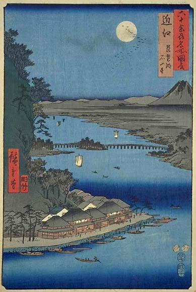 Hiroshige's woodblock print of Ishiyama-dera from his "Famous Views of the 60 Provinces" series. Looking toward Lake Biwa.
Keywords: shiga otsu ishiyama-dera temple hiroshige