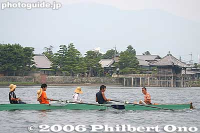 View of Ukimido while rowing on Lake Biwa.
