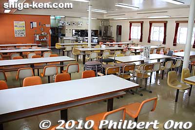 The cafeteria is on the 2nd floor toward the stern. It can hold 112 kids at one time. The chairs are small and immovable, designed for 5th graders. But adults won't have problems sitting.
Keywords: shiga otsu uminoko floating school boat ship lake biwako 