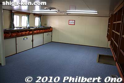 Sleeping quarters for boys have a blue carpet. There are six rooms like this one for boys, each one is named after a lake fish like Moroko, Ayu, and Funa.
Keywords: shiga otsu uminoko floating school boat ship lake biwako 