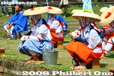 Rice-planting dancers sit through the Oyushiki ceremony.
Keywords: shiga taga-cho taga taisha shrine shinto festival matsuri rice seedlings paddy paddies planting