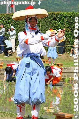 The rice-planting dancers stay out of the mud. They took a break twice or so, but the rice planters had to continue non-stop.
Keywords: shiga taga-cho taga taisha shrine shinto festival matsuri rice seedlings paddy paddies planting japanteen
