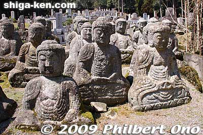 Originally, there were 48 stone buddhas. Only 33 remain now. Thirteen of them were moved to Sakamoto in Otsu, and 2 were stolen. Although they stand upright, it's possible that they can fall on you, especially if you've been bad.
Keywords: shiga takashima takashima-cho stone buddhas statues japansculpture
