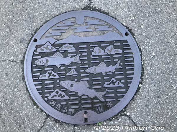 Manhole in Akiruno, Tokyo showing river fish.
Keywords: Tokyo Akiruno Musashi-Masuko manhole