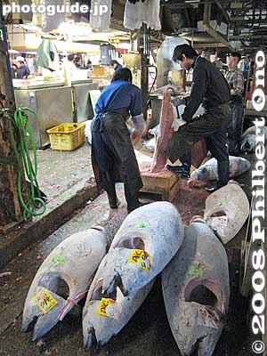 After the fish is cut, they shave it with an ax.
Keywords: tokyo chuo-ku tsukiji fish market Metropolitan Central Wholesale Market frozen tuna